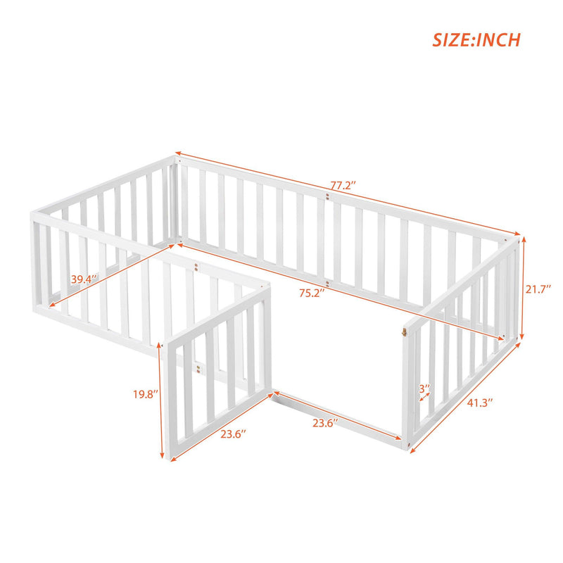 Twin Size Wood Floor Bed Frame with Fence and Door, White(OLD SKU :WF289661AAK) - Supfirm