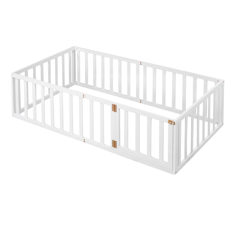 Twin Size Wood Floor Bed Frame with Fence and Door, White(OLD SKU :WF289661AAK) - Supfirm