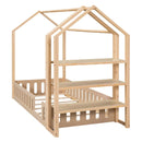 Twin Size Wood House Bed with Fence and Detachable Storage Shelves, Natural (Expected Arrival Time: 1.7) - Supfirm