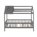 Twin Size Wood House Bed with Fence, Gray - Supfirm