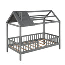 Twin Size Wood House Bed with Fence, Gray - Supfirm