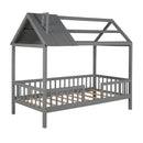 Twin Size Wood House Bed with Fence, Gray - Supfirm