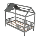 Twin Size Wood House Bed with Fence, Gray - Supfirm