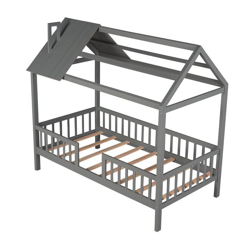 Twin Size Wood House Bed with Fence, Gray - Supfirm