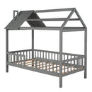 Twin Size Wood House Bed with Fence, Gray - Supfirm