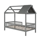 Twin Size Wood House Bed with Fence, Gray - Supfirm