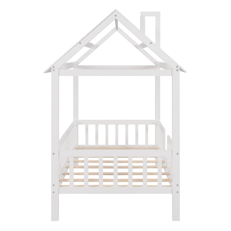 Twin Size Wood House Bed with Fence, White - Supfirm