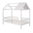 Twin Size Wood House Bed with Fence, White - Supfirm