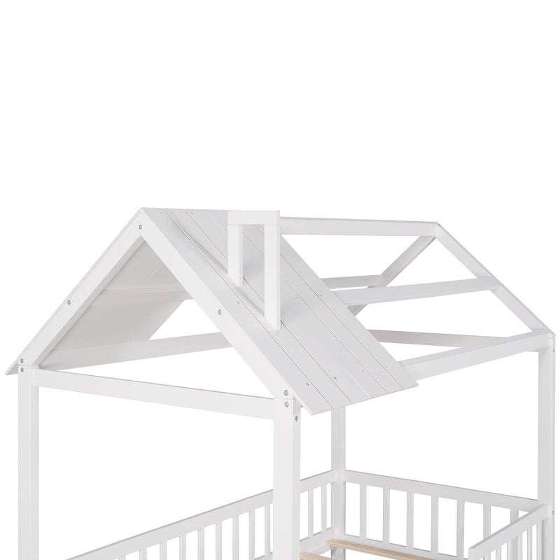 Twin Size Wood House Bed with Fence, White - Supfirm