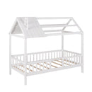 Twin Size Wood House Bed with Fence, White - Supfirm