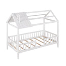 Twin Size Wood House Bed with Fence, White - Supfirm