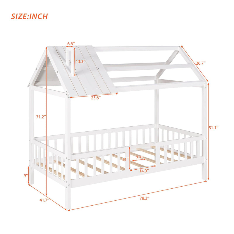 Twin Size Wood House Bed with Fence, White - Supfirm