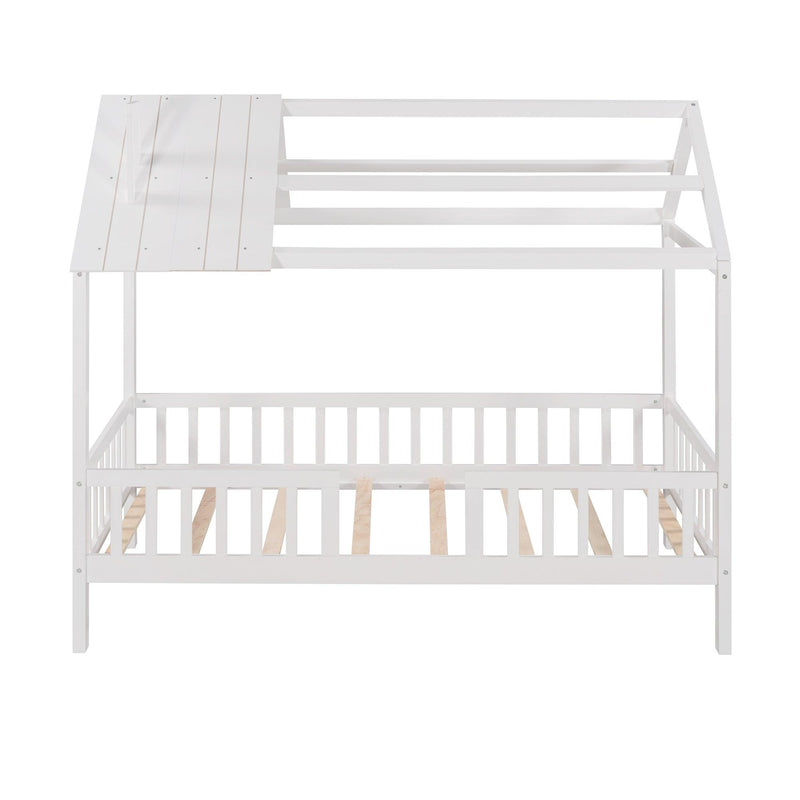 Twin Size Wood House Bed with Fence, White - Supfirm