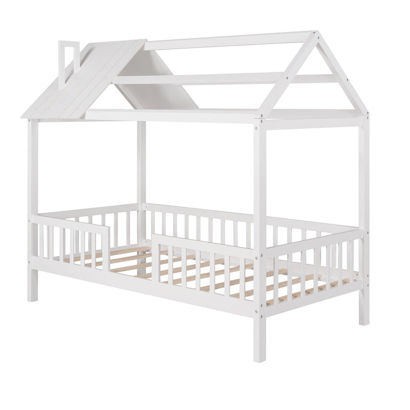 Twin Size Wood House Bed with Fence, White - Supfirm