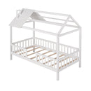 Twin Size Wood House Bed with Fence, White - Supfirm