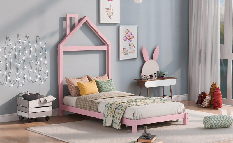 Twin Size Wood Platform Bed with House-shaped Headboard (Pink) - Supfirm