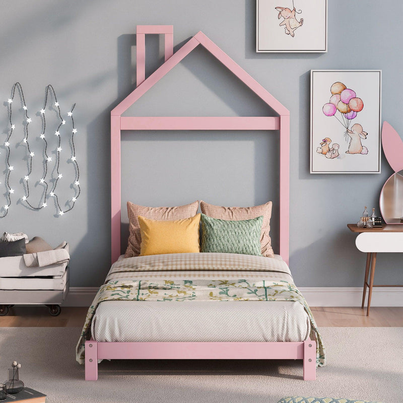 Twin Size Wood Platform Bed with House-shaped Headboard (Pink) - Supfirm