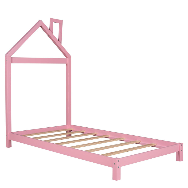 Twin Size Wood Platform Bed with House-shaped Headboard (Pink) - Supfirm