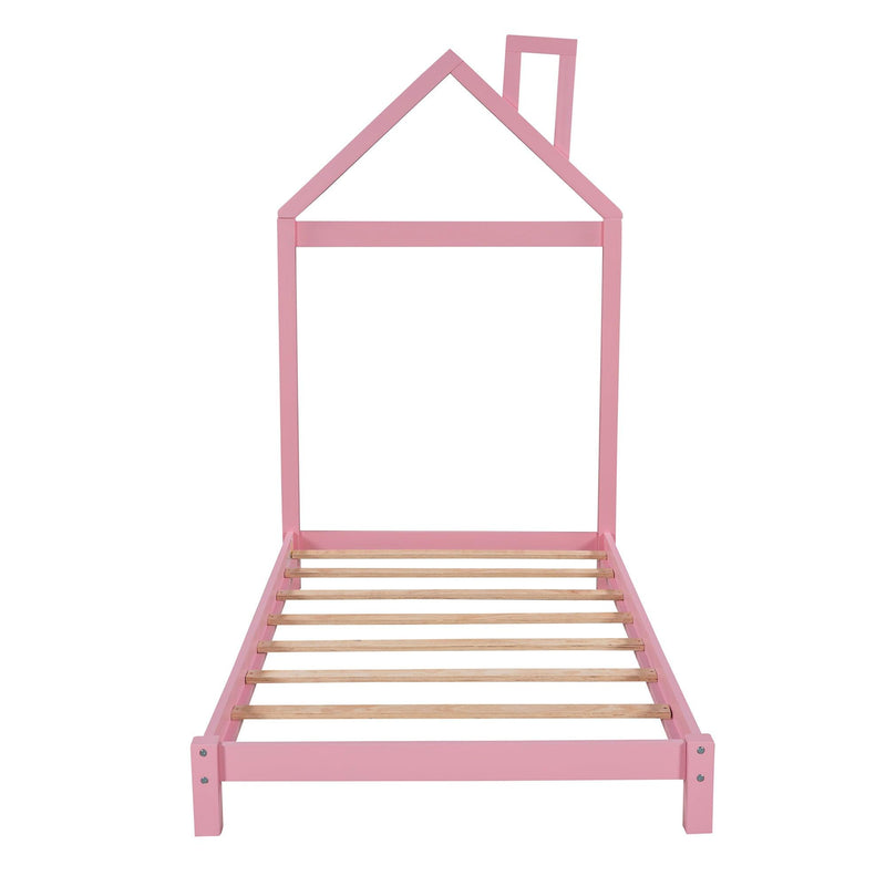 Twin Size Wood Platform Bed with House-shaped Headboard (Pink) - Supfirm