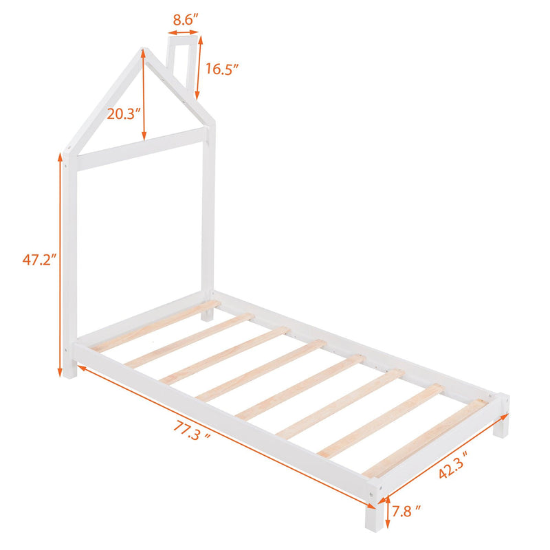 Twin Size Wood Platform Bed with House-shaped Headboard (White) - Supfirm