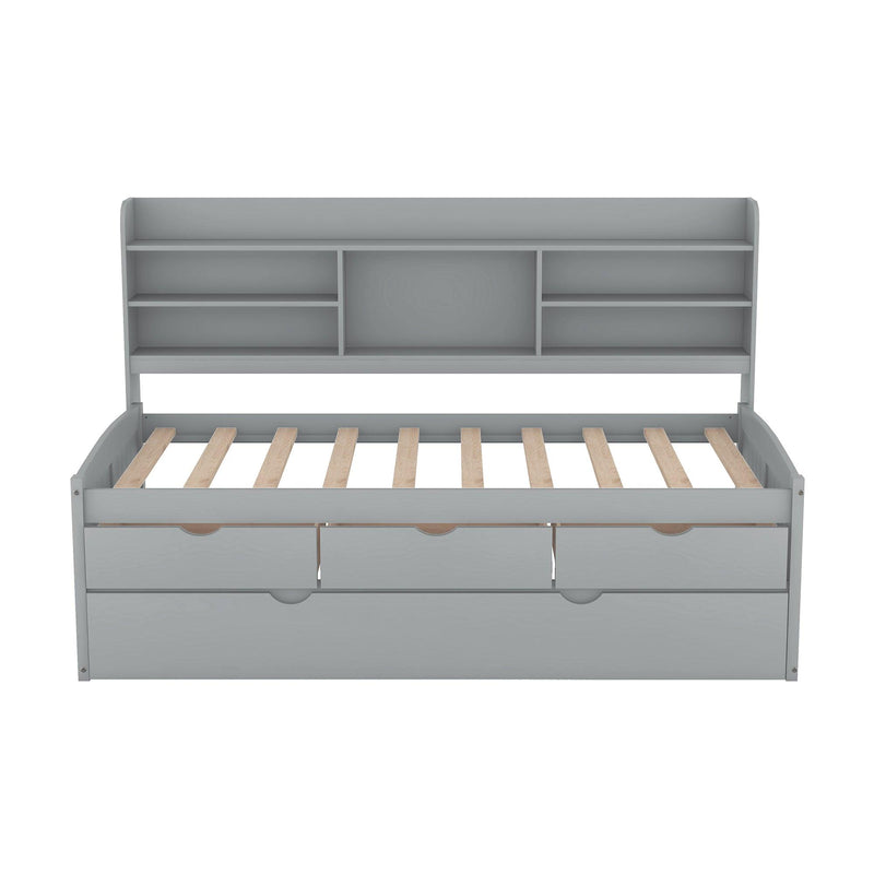 Twin Size Wooden Captain Bed with Built-in Bookshelves,Three Storage Drawers and Trundle,Light Grey - Supfirm