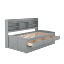 Twin Size Wooden Captain Bed with Built-in Bookshelves,Three Storage Drawers and Trundle,Light Grey - Supfirm