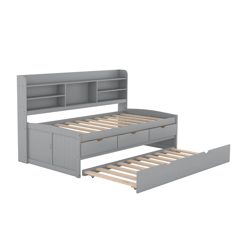 Twin Size Wooden Captain Bed with Built-in Bookshelves,Three Storage Drawers and Trundle,Light Grey - Supfirm