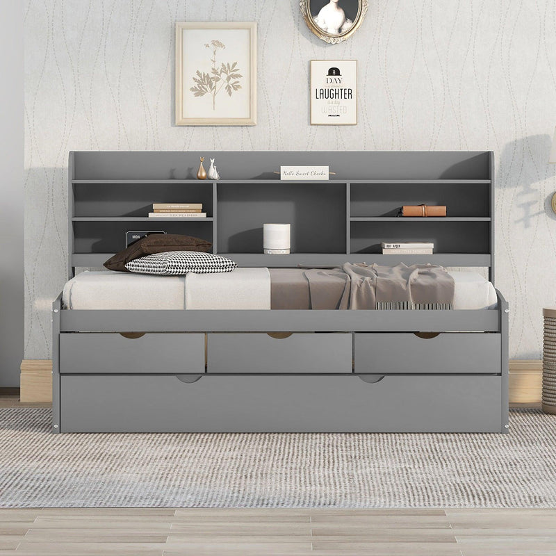 Twin Size Wooden Captain Bed with Built-in Bookshelves,Three Storage Drawers and Trundle,Light Grey - Supfirm