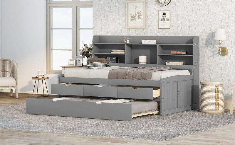 Twin Size Wooden Captain Bed with Built-in Bookshelves,Three Storage Drawers and Trundle,Light Grey - Supfirm