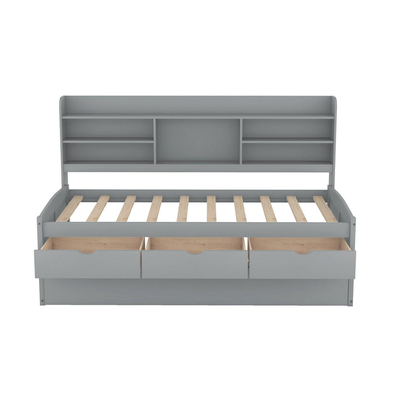 Twin Size Wooden Captain Bed with Built-in Bookshelves,Three Storage Drawers and Trundle,Light Grey - Supfirm