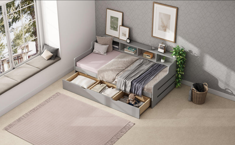 Twin Size Wooden Day Bed with 3 Trawers for Guest Room, Small Bedroom, Study Room, Gray - Supfirm