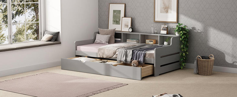 Twin Size Wooden Day Bed with 3 Trawers for Guest Room, Small Bedroom, Study Room, Gray - Supfirm