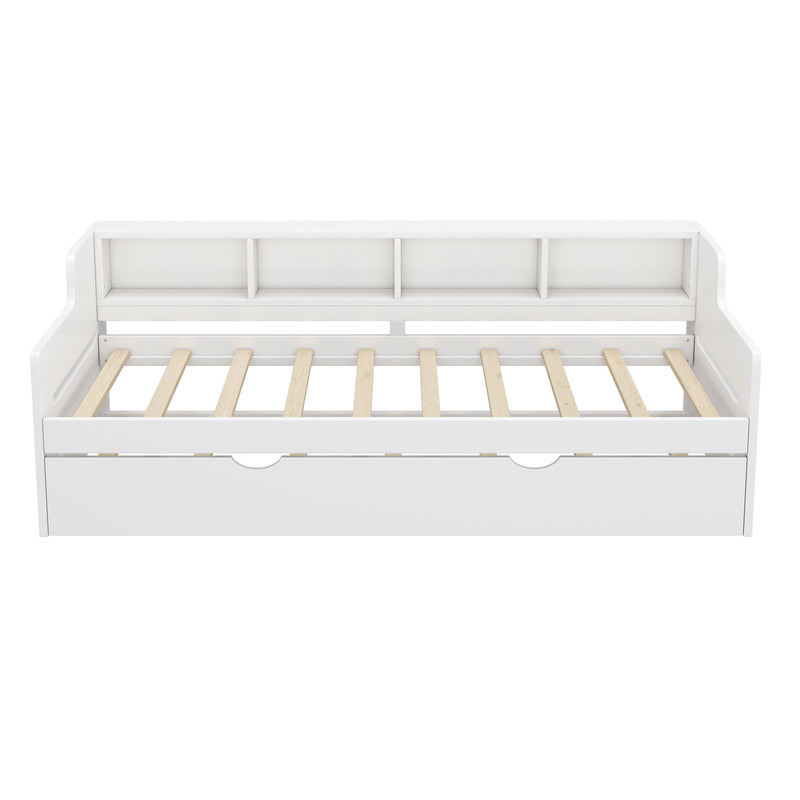 Twin Size Wooden Day Bed with Trundle for Guest Room, Small Bedroom, Study Room, White - Supfirm