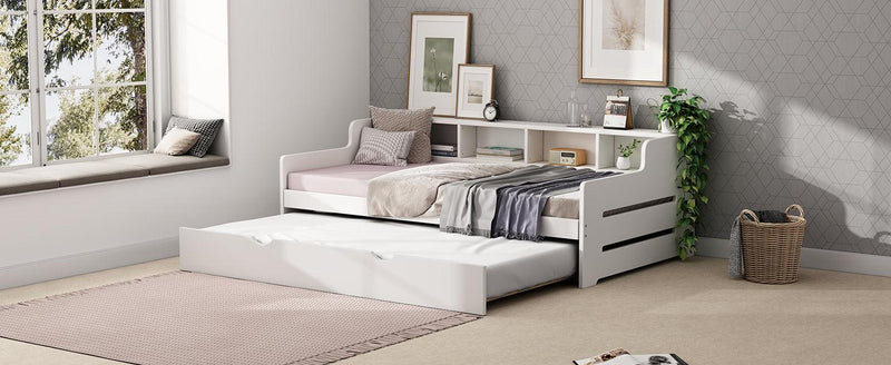 Twin Size Wooden Day Bed with Trundle for Guest Room, Small Bedroom, Study Room, White - Supfirm