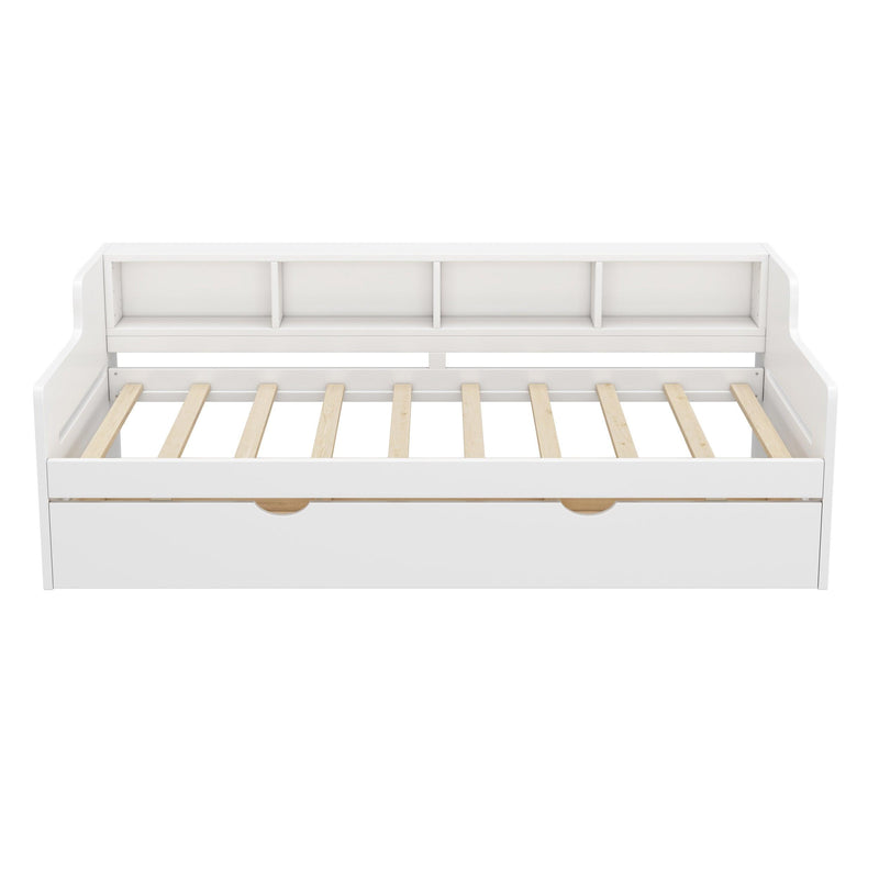 Twin Size Wooden Day Bed with Trundle for Guest Room, Small Bedroom, Study Room, White - Supfirm