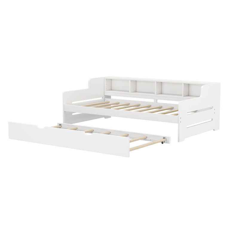 Twin Size Wooden Day Bed with Trundle for Guest Room, Small Bedroom, Study Room, White - Supfirm