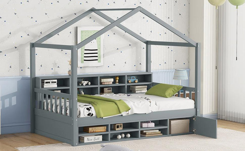 Twin Size Wooden House Bed with Shelves and a Mini-cabinet, Gray - Supfirm