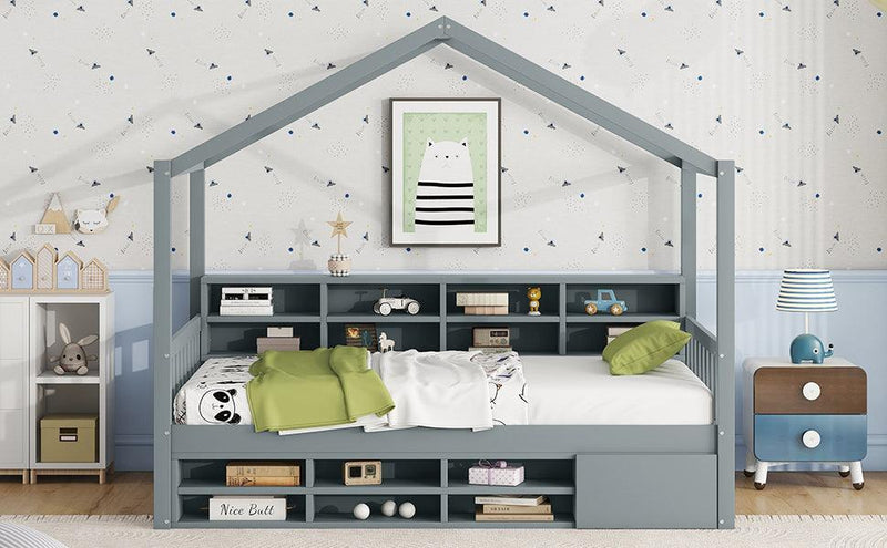 Twin Size Wooden House Bed with Shelves and a Mini-cabinet, Gray - Supfirm