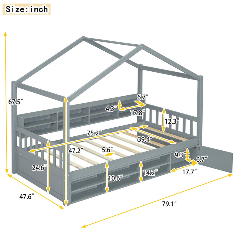 Twin Size Wooden House Bed with Shelves and a Mini-cabinet, Gray - Supfirm