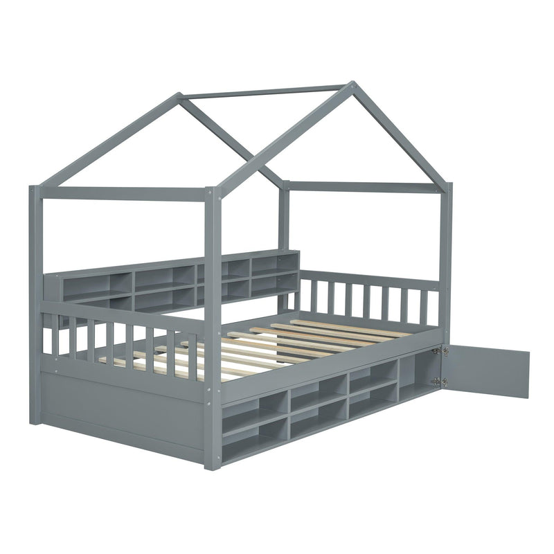 Twin Size Wooden House Bed with Shelves and a Mini-cabinet, Gray - Supfirm