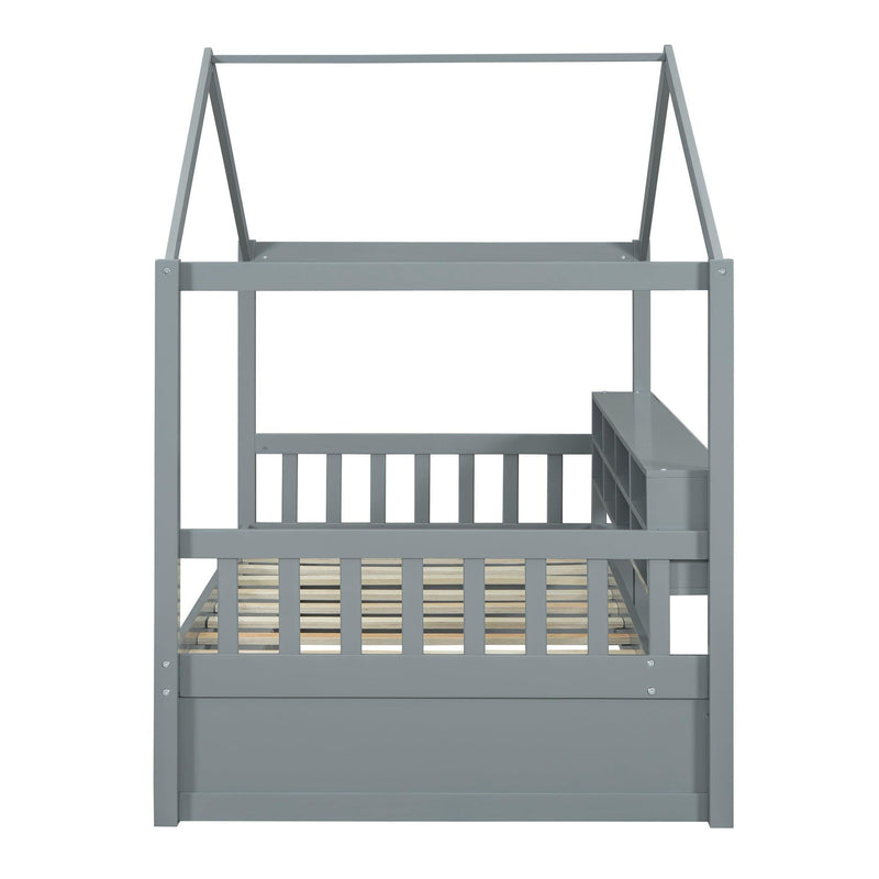 Twin Size Wooden House Bed with Shelves and a Mini-cabinet, Gray - Supfirm