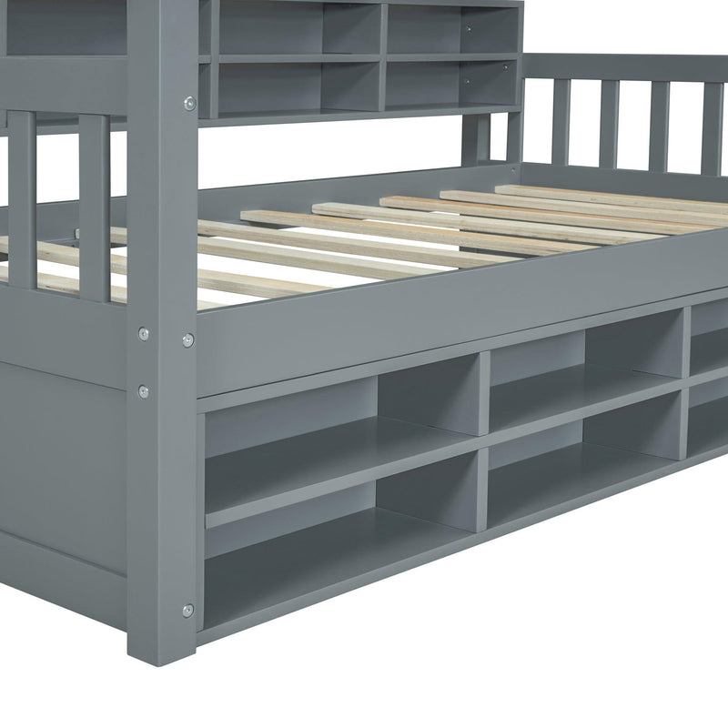 Twin Size Wooden House Bed with Shelves and a Mini-cabinet, Gray - Supfirm