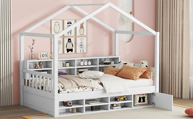 Twin Size Wooden House Bed with Shelves and a Mini-cabinet, White - Supfirm