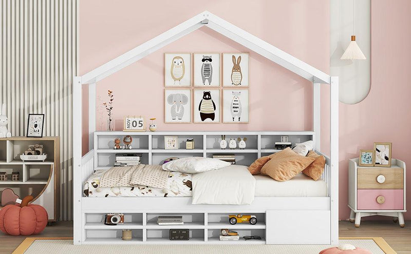 Twin Size Wooden House Bed with Shelves and a Mini-cabinet, White - Supfirm