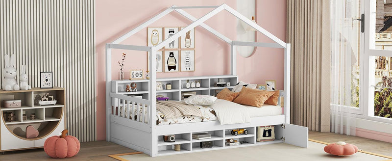 Twin Size Wooden House Bed with Shelves and a Mini-cabinet, White - Supfirm