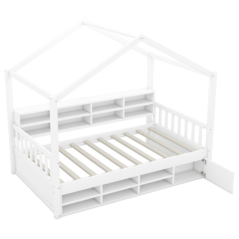 Twin Size Wooden House Bed with Shelves and a Mini-cabinet, White - Supfirm