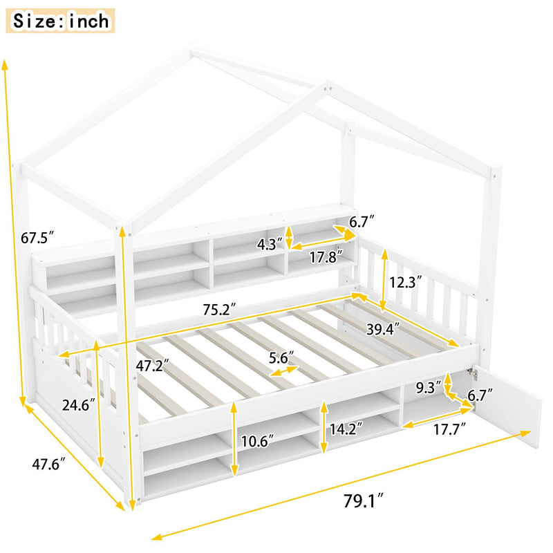 Twin Size Wooden House Bed with Shelves and a Mini-cabinet, White - Supfirm