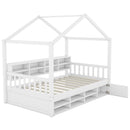 Twin Size Wooden House Bed with Shelves and a Mini-cabinet, White - Supfirm