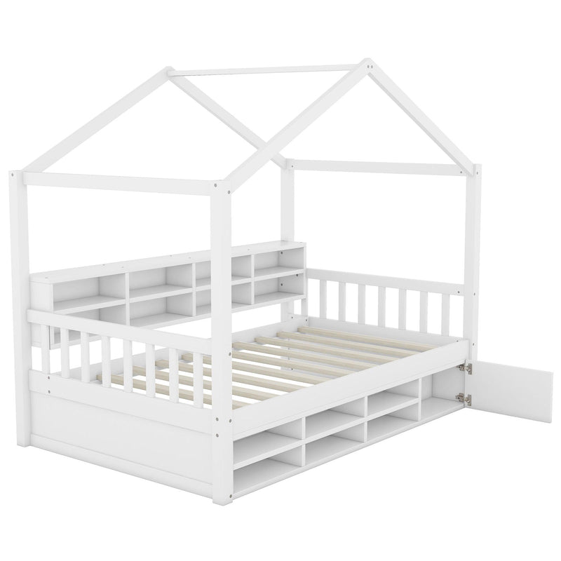 Twin Size Wooden House Bed with Shelves and a Mini-cabinet, White - Supfirm