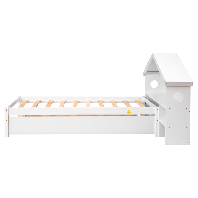 Twin Storage House Bed for kids with Bedside Table, Trundle, White - Supfirm